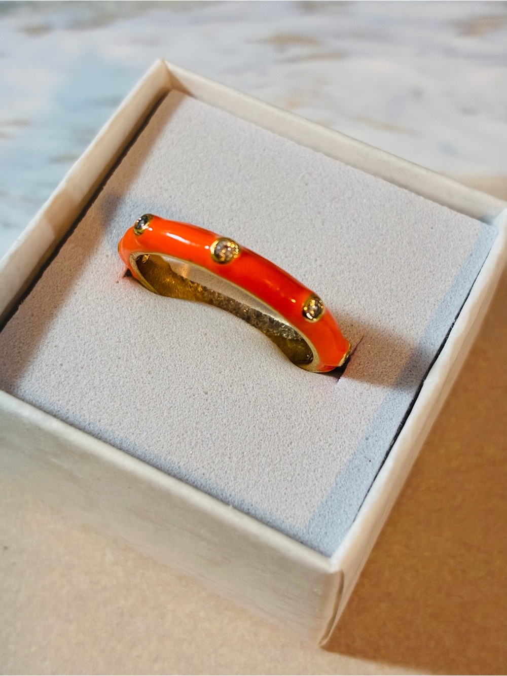 Gold-Tone Orange Enamel Ring with Crystal Accents
